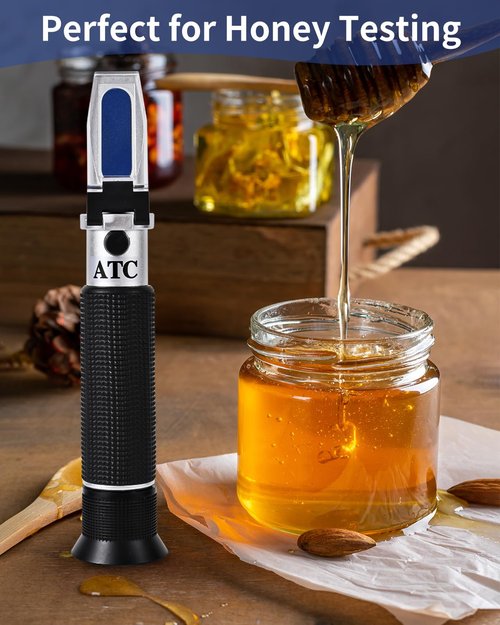 Honey Refractometer for Moisture, Brix and Baume, Brix Meter Refractometer with ATC, (12-27% Honey Moisture, 58-90% Brix, 38-43° Baume), Refractometer Brix for Honey, Maple Syrup, Molasses, Fruit Jam