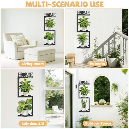 TIUTCOX Wall Plant Holder Metal, Plant Frames Wall Decor, Wall Plant Stands for Indoor&Outdoor with Letters HOME Decor, 2 Round Flower Pot Trays, 12*7.87*34.33 Inch, Black