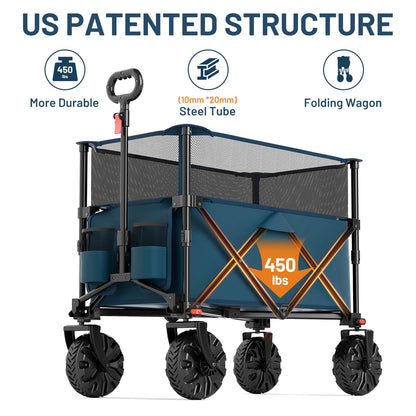Timber Ridge Foldable Wagon 350L Extendable Height, Large Capasity Collapsible Wagon Cart with All Terrians Detachable Wheels, Compact Folding Utility Wagon for Camping, Fishing, Shopping Navy