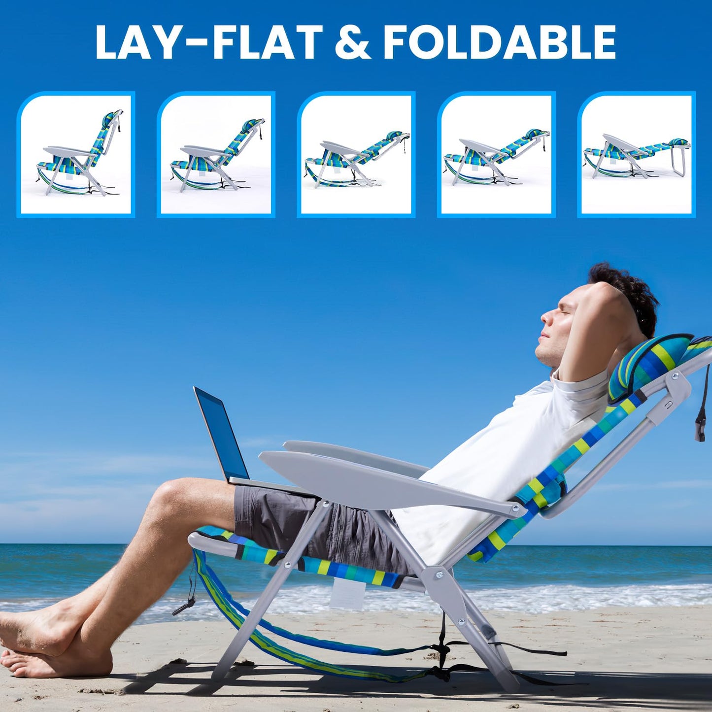 Canpsky 2 Pack Lightweight Portable Camping Beach Chair for Adults, Outdoor Lay Flat Folding Beach Chairs with 5 Positions, Backpack Beach Chair with Towel Bar, Zipper Pouch, Cup Holder, Ocean Striped