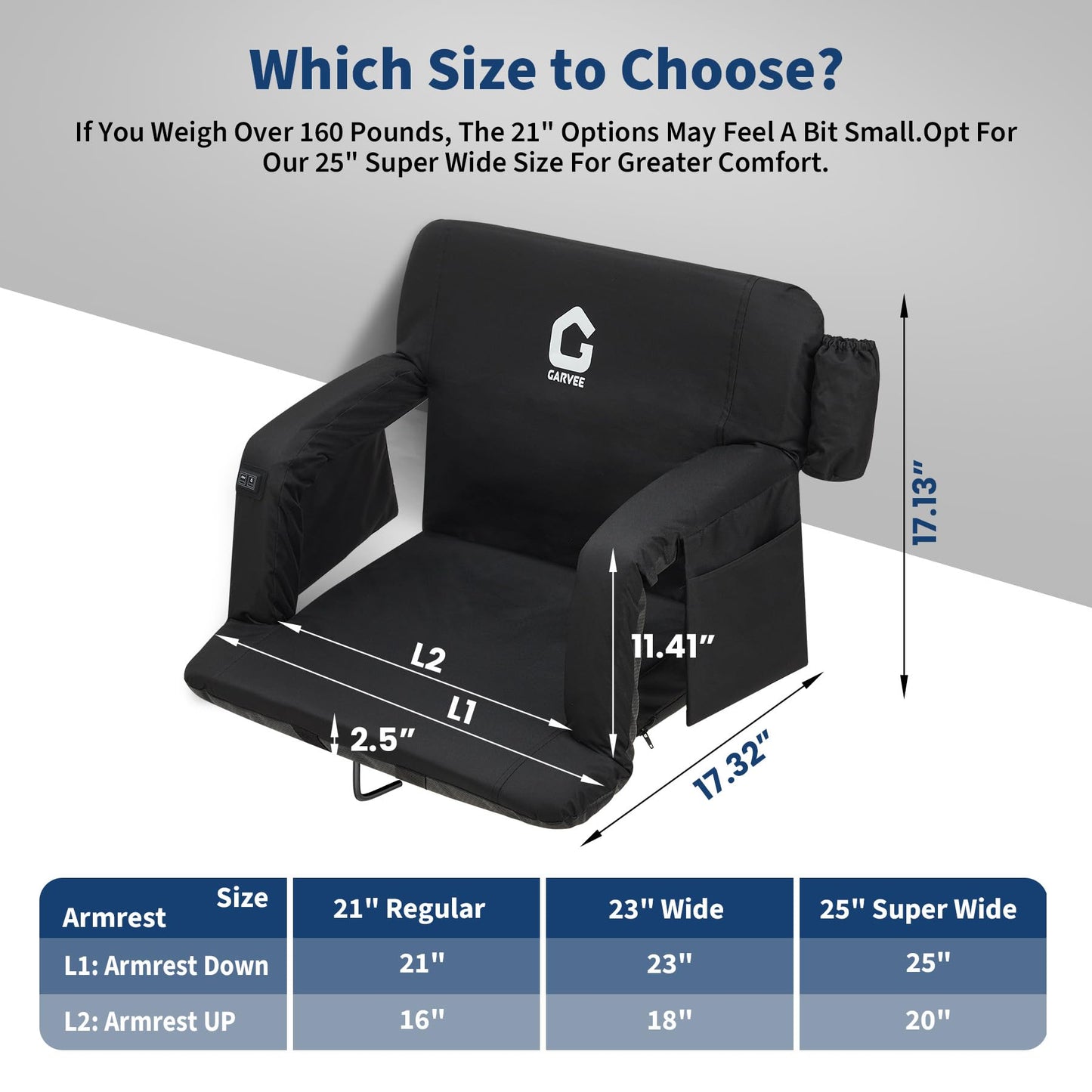 Massage & Heated Stadium Seats with Back Support and Padded Cushion - 3 Level Heating & Massage Extra Wide Bleacher Chair with Anti-Slip Mat - Football Seats, 6 Adjustable Angle, Pockets, Cup Holder