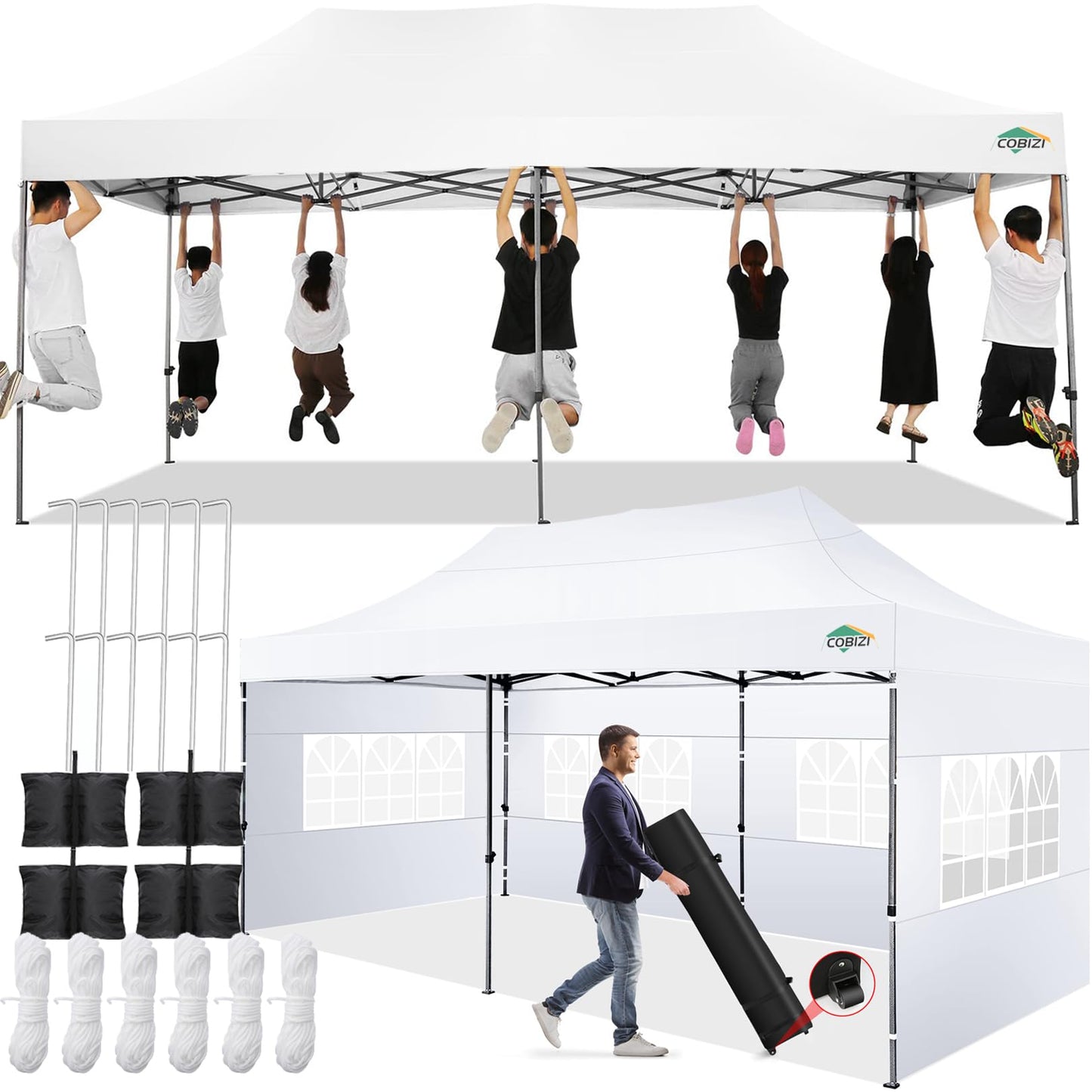 COBIZI 10x20 Pop up Canopy Tent 10x20 Canopy with 6 Sidewalls Waterproof Heavy Duty Commercial Canopy Tent for Parties Outdoor Garden Gazebo, Carry Bag with Wheel(10x20ft, White)