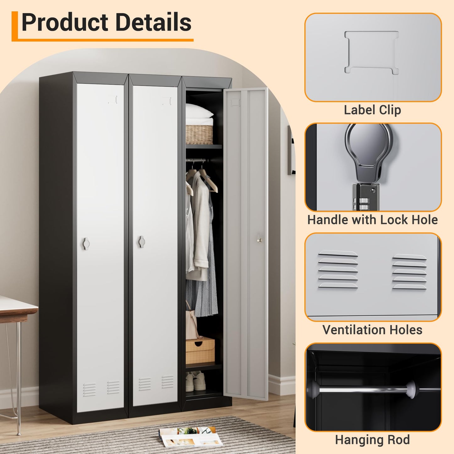 GAOMON 1 Door Tall Metal Locker with Key Employee Metal Locker, Lockable Heavy Duty Steel Employee Locker for Schools, Gyms, Homes, Offices, Utility Rooms, Grey and Black