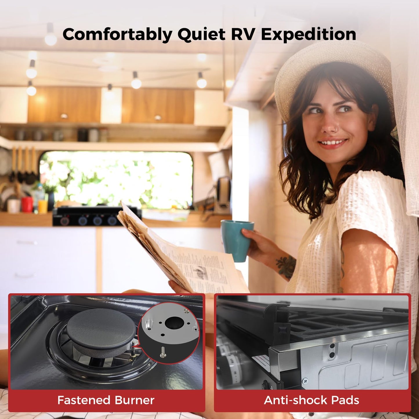 CAMPLUX Elite RV Stove 3 Burners, 21,000 BTU Propane Cooktop with Tempered Glass Cover & Flame Failure Protection, 21-Inch Slide-In Gas Rangetop for RVs, Campers, Motorhomes, and Boats, Black