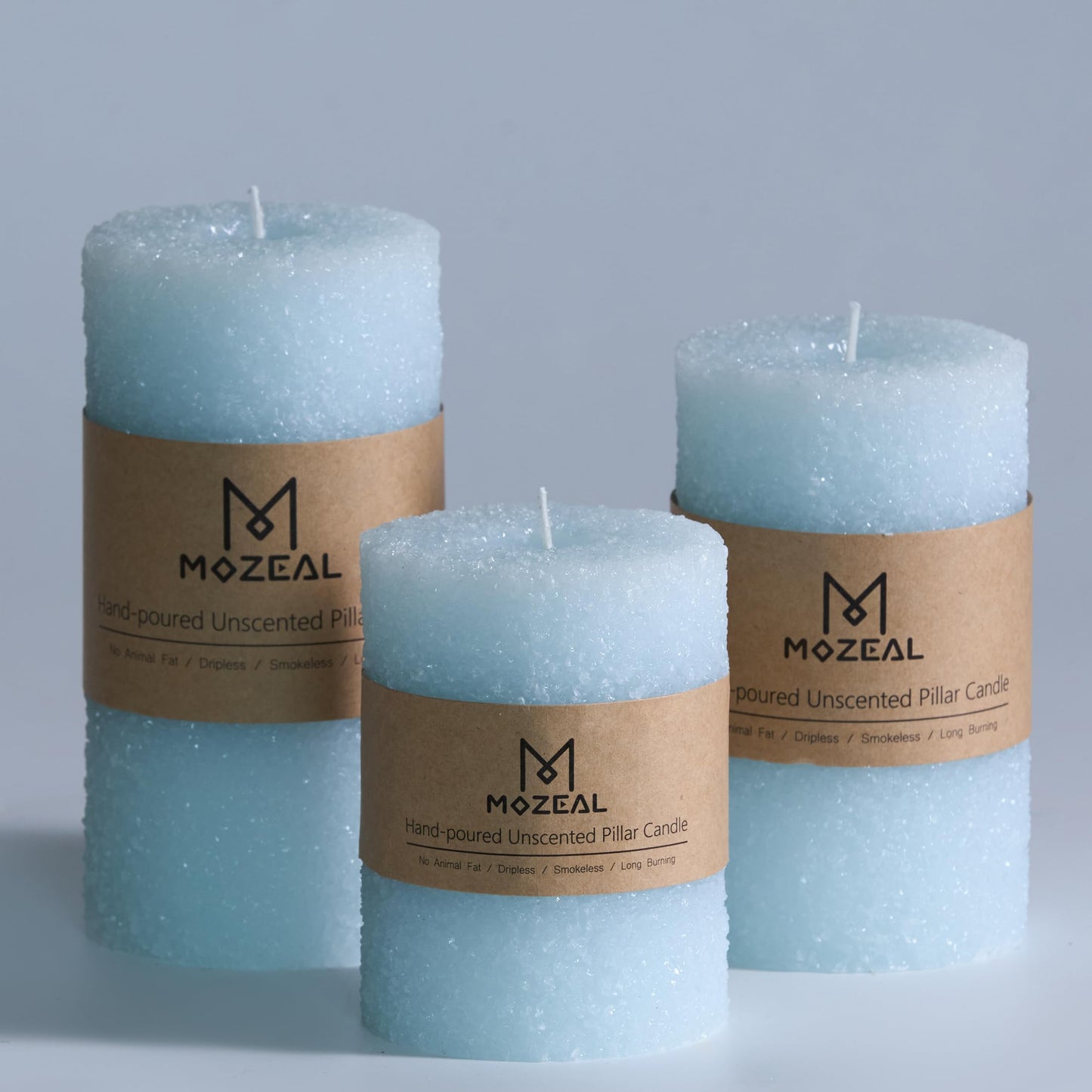 MOZEAL Hand-Poured Granular Texture Decorative Baby Blue Pillar Candles Set of 3 (3"x4", 5", 6"),Approx 300 Hours Burn Time Dripless, Unscented, Smokeless, Spring Party Decor Candle Lover Gift