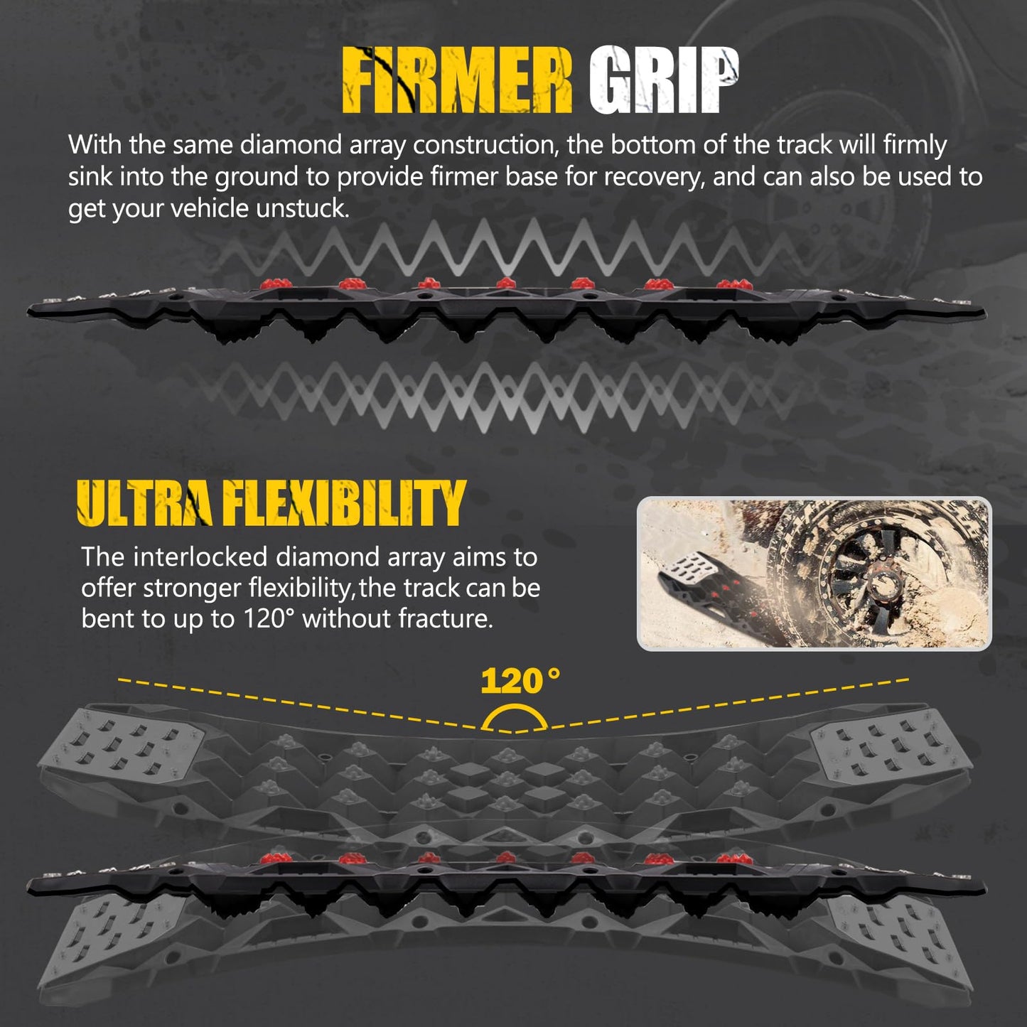 BUNKER INDUST Offroad Traction Board with Jack Base,Pair 47.24"L x 14"W Recovery Track Tire Traction Mat -Black Sand,Mud,Snow Ramps (Replaceable Dual Colors Teeth/Rugged Steel Plate) Gen 11th