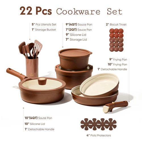CAROTE 22Pcs Ceramic Cookware Set, Pots and Pans Set Non Stick Removable Handles, Non Toxic Cookware Oven/Dishwasher Safe, Induction Cookware, Gift Set, NonStick Cookware Set with Kitchen Essentials