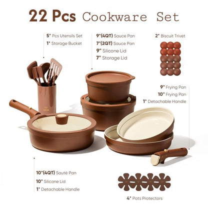CAROTE 22Pcs Ceramic Cookware Set, Pots and Pans Set Non Stick Removable Handles, Non Toxic Cookware Oven/Dishwasher Safe, Induction Cookware, Gift Set, NonStick Cookware Set with Kitchen Essentials