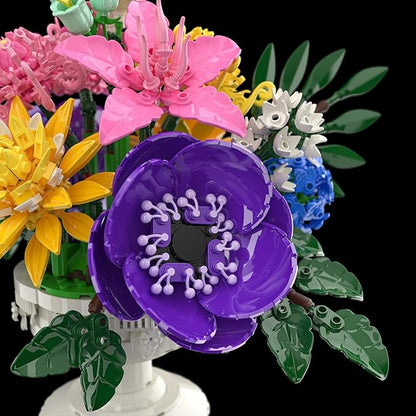 Botanicals Flower Bouquet Building Block Sets Includes Hydrangea Dahlia Azalea Artificial Flowers Arrangement With Vase Valentine's Day Gift For Her Women Girls Floral Table Centerpiece