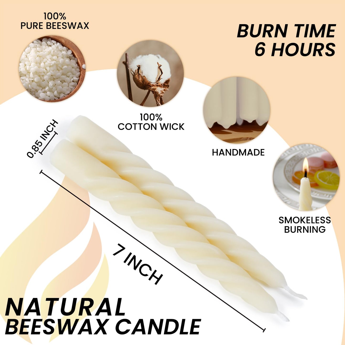 AGLARY 2PCS 7-Inch Pure Beeswax Spiral Taper Candles, Twisted Stick Candles, Dripless & Unscented for Weddings, Christmas, Dinner, Meditation - White