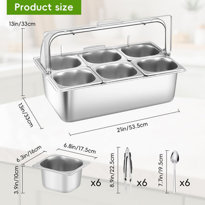 Countertop Food Serving Display Container with Clear Roll Top Cover, Stainless Steel Buffet Food Serving Tray, Condiment Serving Container Dispenser for Restaurant Kitchen Party(6 Compartments)