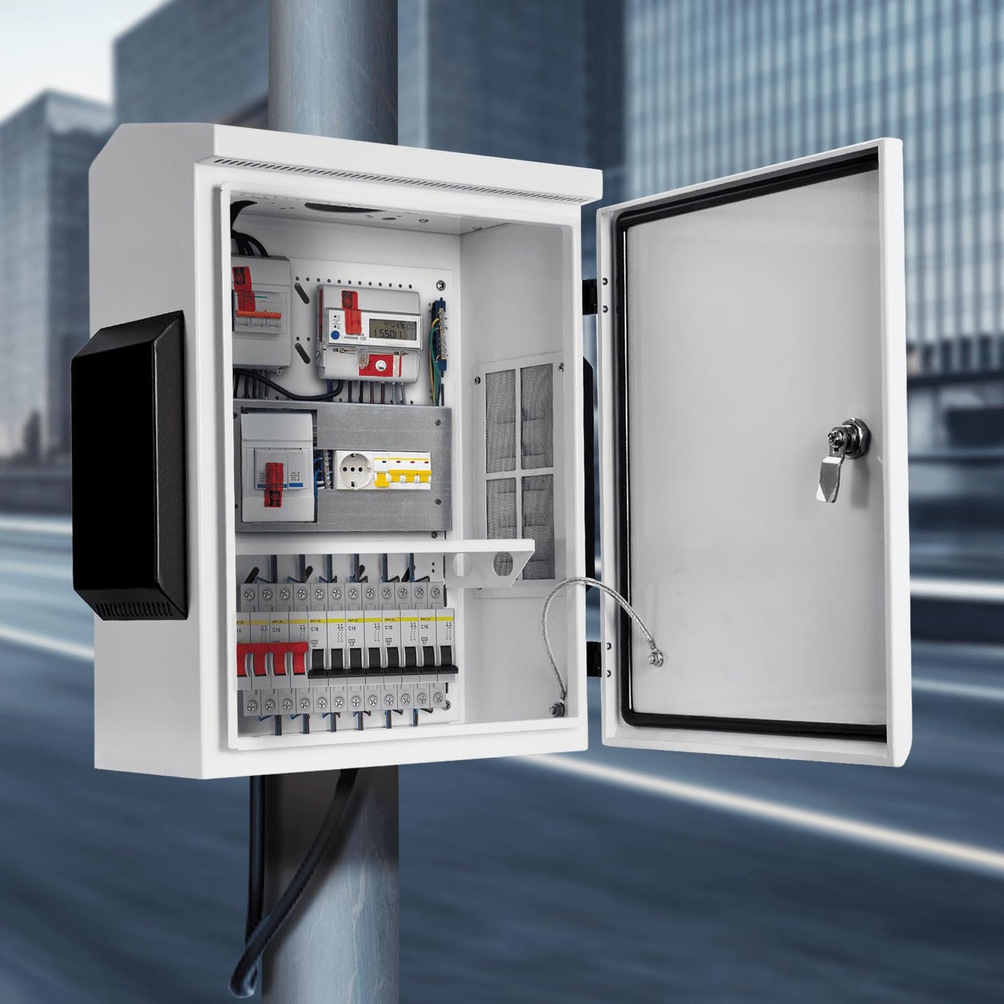 Outdoor Electrical Box, Cold-Rolled Steel Plate, Aluminum Alloy Back Beam, One-Piece Ventilation Design, IP65 Waterproof, Wall/Pole Mounted (19.6" x 15.7" x 7.9)