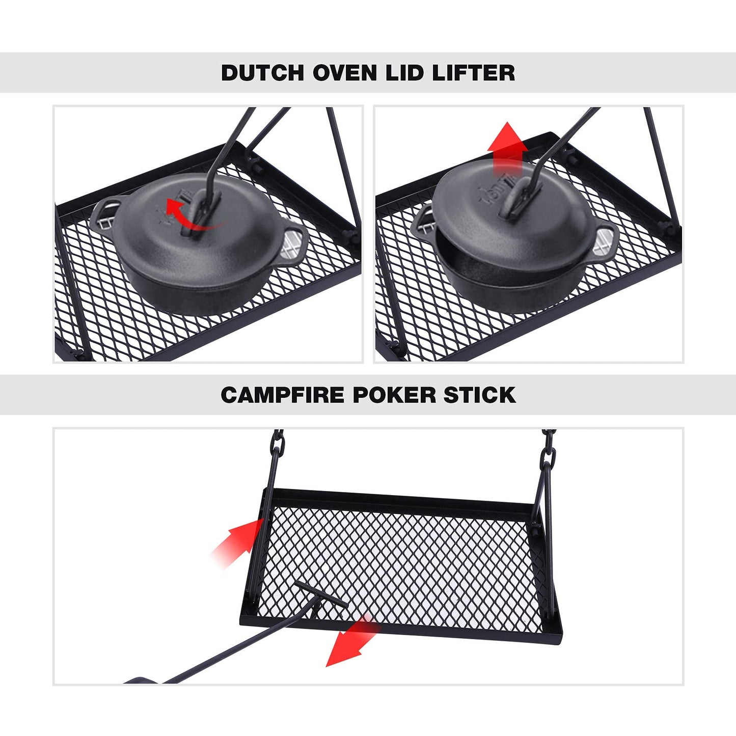 REDCAMP Swing Campfire Grill Stand - Collapsible Campfire Cooking Rack with 6 Hooks & Iron Grill Grate, Portable Dutch Oven Hanger for Outdoor Camping, Cookware, Bonfire, Rectangle