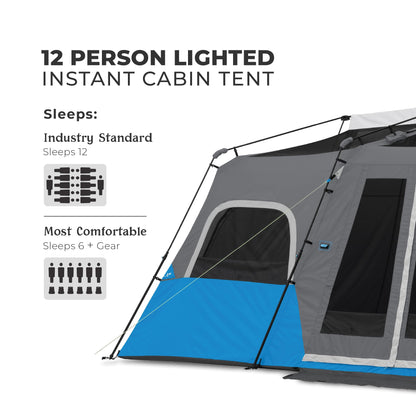 CORE 12 Person Instant Cabin Tent with LED Lights | Large 3 Room Family Lighted Pop Up Tent for 2 Minute Camp Setup | Included Storage Pockets for Camping Accessories