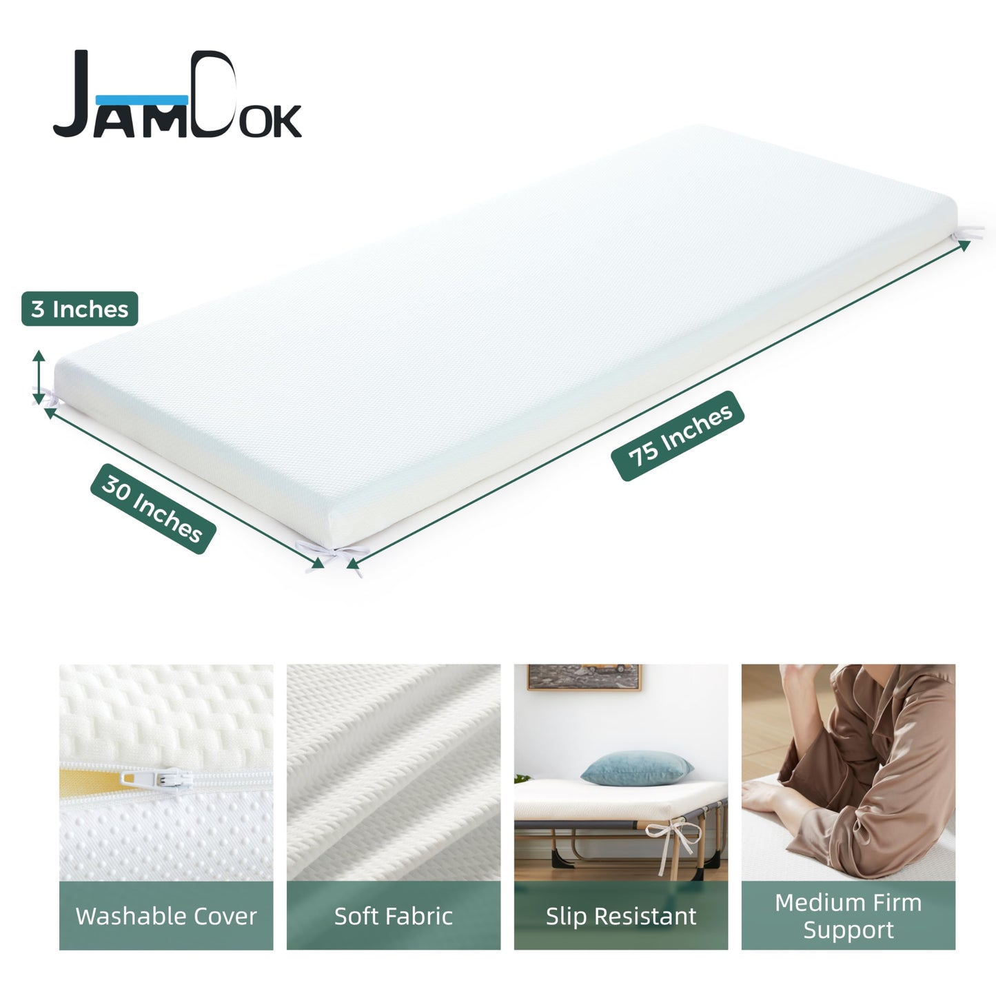 Jamdok 3Inch Cot Mattress Topper,Narrow Twin Gel Memory Foam Mattress Topper for Camping Cot,Sofa Bed,Pull Out Chair Cushion,Portable,Cool Cot Toppers(75 x 30)