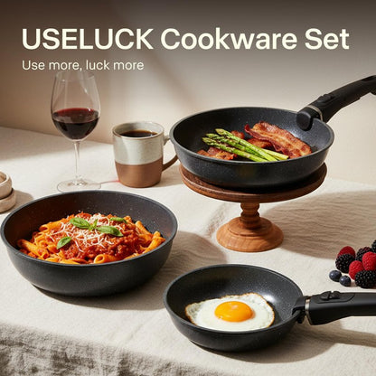 Pots and Pans Set Non Stick, Ceramic Cookware Sets 21 PCS, Granite Induction RV Kitchen Portable Stackable Cooking Set Removable Handles, Dishwasher ＆ Oven Safe, Black