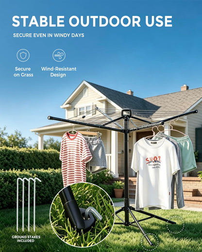 SUPTINWEAR 65FT Umbrella Clothesline, One-Press Foldable Rotary Drying Rack with 4-Leg Stable Base, Indoor Outdoor Clothes Drying Rack with Ground Stakes & 24 Clips