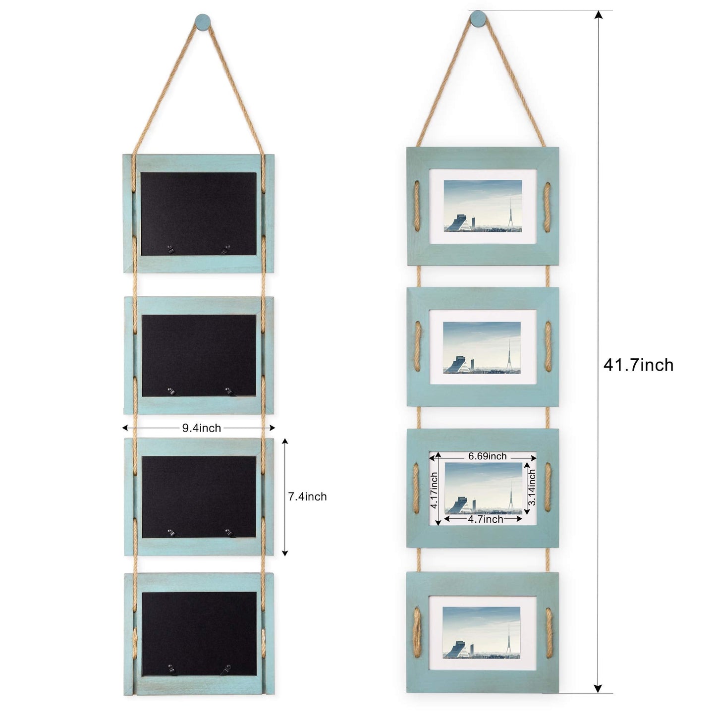 DLQuarts 5x7 Hanging Collage Picture Frames Wall Decor, 4-Opening 5x7 Matted to 3.5x5 Photo Rustic Wood Frame with Hemp Rope, 2 Pack, Ocean Blue