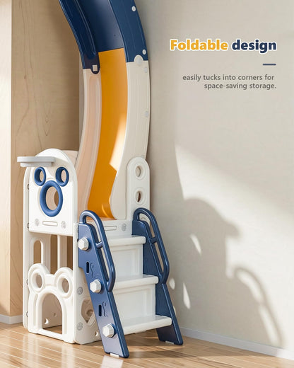 CHIIRAKU Toddler Slide L-Shaped, 5 in 1 Kids Slide Climber for Toddler, with Ball & Hoop, Indoor Outdoor Baby Playset, Anti-Slip, 65IN/165CM,Toy Storage, Ideal for Boys Girls Birthday