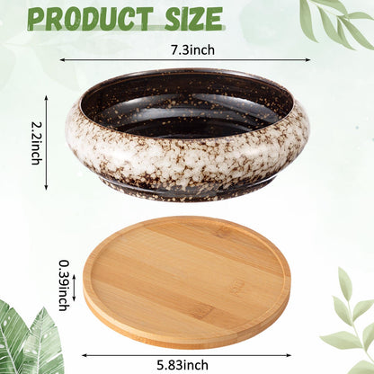 Acellegic 2 Pcs 7.3'' Round Large Shallow Succulent Ceramic Planter Pots with Drainage Hole Drip Glazed Shallow Bonsai Pot with Bamboo Tray for Indoor Outdoor Decor Cactus Flower (White)