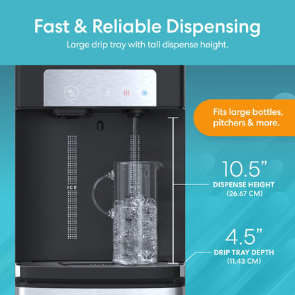 Brio ICE 420 Water Cooler Dispenser for 5 Gallon Bottle with Ice Maker, Bottom Load | UV Self Cleaning Technology, Night Light, Child Safety Lock & 2X Fast Dispense | NSF Certified - Black & Stainless