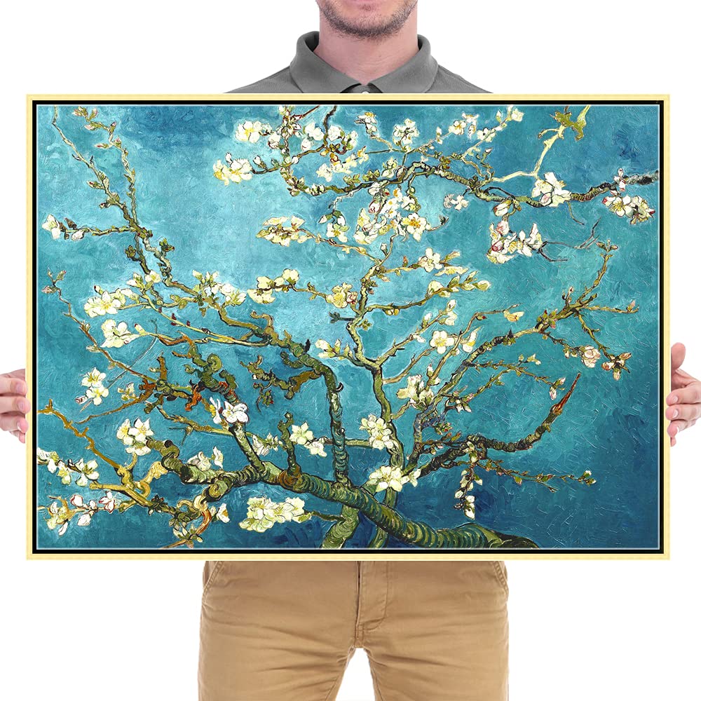 Wieco Art Framed Wall Art Canvas Prints of Almond Blossom by Vincent Van Gogh Paintings Reproduction Abstract Artwork for Wall Decor Golden Frame