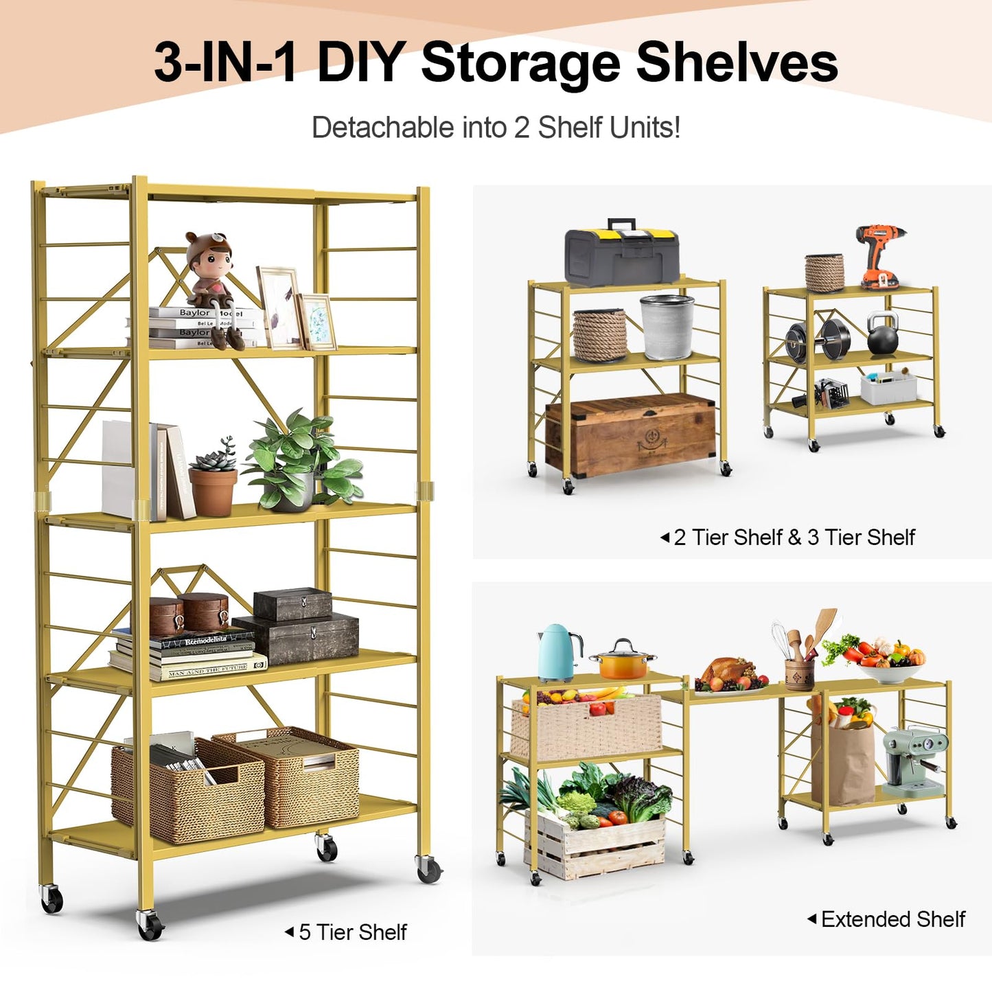 5 Tier Foldable Storage Shelves, Expandable Folding Shelving Units with Wheels, Changeable into 2 Shelf Units, Collapsible Adjustable Storage Rack Metal Shelves for Storage, Pantry, Garage, Gold