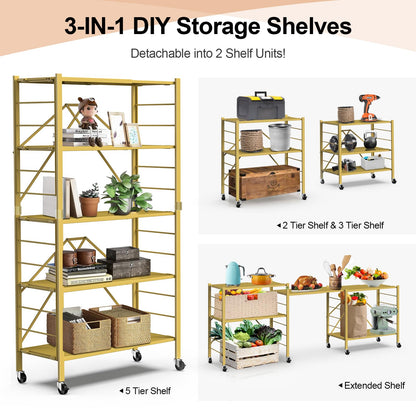 5 Tier Foldable Storage Shelves, Expandable Folding Shelving Units with Wheels, Changeable into 2 Shelf Units, Collapsible Adjustable Storage Rack Metal Shelves for Storage, Pantry, Garage, Gold