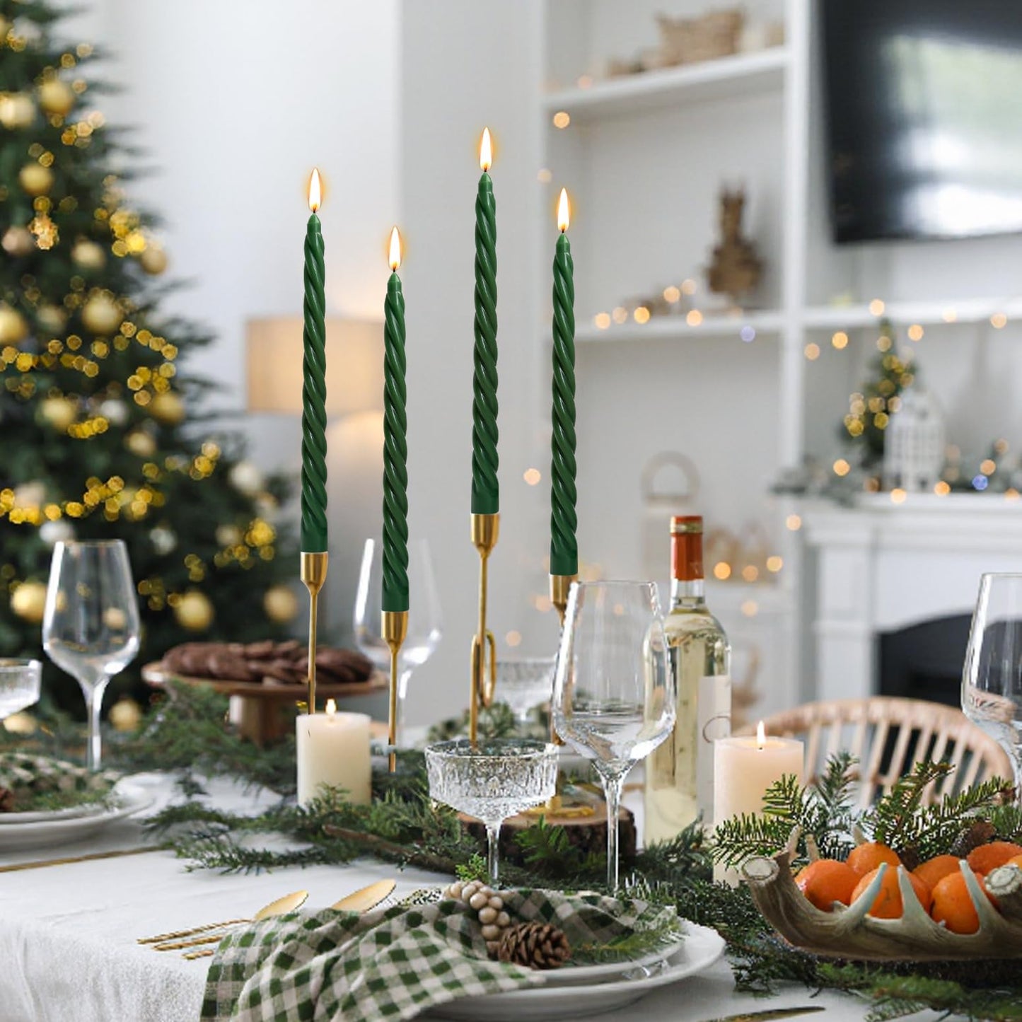 10 Inch Hunter-Green Twisted Taper Candles Set for Christmas and Spring, 12 Pack Unscented Dripelss Candlesticks for St. Patrick's Day Holiday Party Decoration