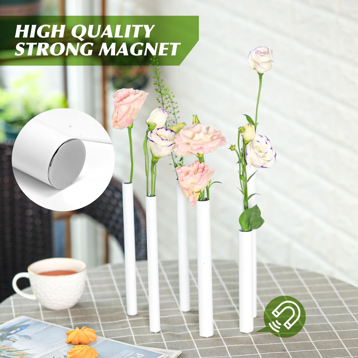 Morapin Cylindrical Set with Magnetic Base vase, Suitable for Fresh and Dried Flower Branches or Artificial Flowers, Desktop Center Decoration, Modern Style - White (6-Piece Stainless Steel vase Set)