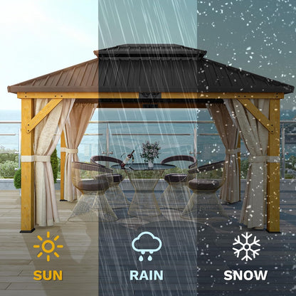 DWVO 12x20 Wood Gazebo Outdoor Wooden Frame Double Roof Hardtop Galvanized Steel Top Canopy w/Curtain and Netting, Patio Heavy Duty for Deck, Backyard