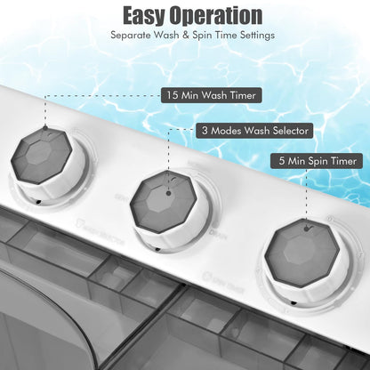 COSTWAY Portable Washing Machine, Twin Tub 26lbs Capacity Laundry, 18lbs Washer and 8lbs Spinner Combo with Timer Knobs, Built-in Drain Pump, Compact Washer for Home Dorm Apartment (Grey+White)