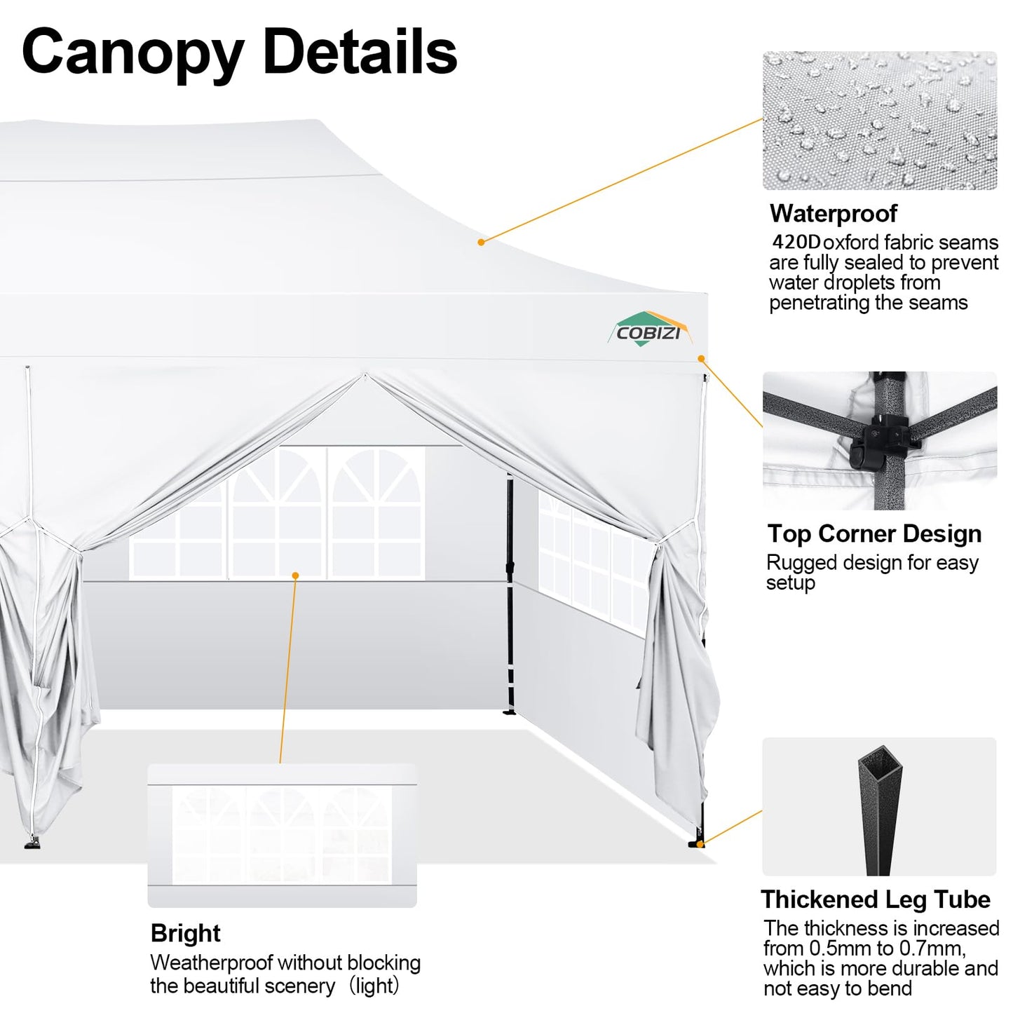 COBIZI 10x20 Pop up Canopy Tent 10x20 Canopy with 6 Sidewalls Waterproof Heavy Duty Commercial Canopy Tent for Parties Outdoor Garden Gazebo, Carry Bag with Wheel(10x20ft, Snow White)