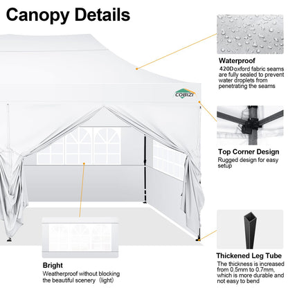 COBIZI 10x20 Pop up Canopy Tent 10x20 Canopy with 6 Sidewalls Waterproof Heavy Duty Commercial Canopy Tent for Parties Outdoor Garden Gazebo, Carry Bag with Wheel(10x20ft, Snow White)