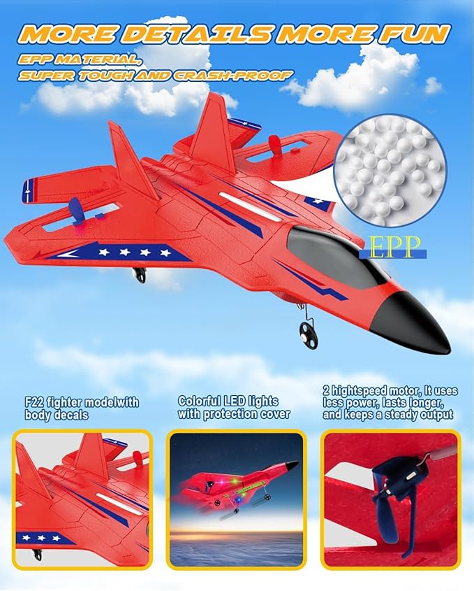 F22 RC Airplane 2.4GHz Remote Control Jet with Gyro Stabilizer LED Lights 2 Batteries Easy to Fly for Kids Boys Adults Beginners (Red)