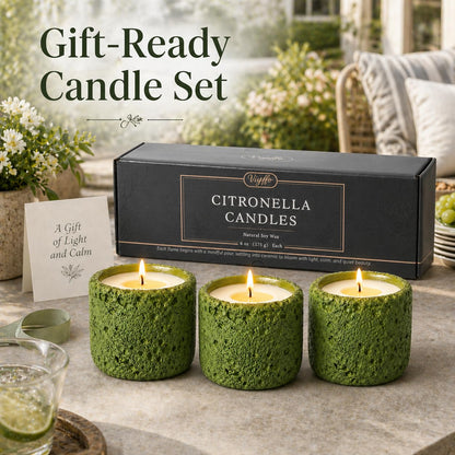Viyffo 3 Pack Citronella Candles Outdoor, Lemongrass Scented Candle Set, Small 6oz Soy Candle in Green Ceramic Jar, Outdoor Candles for Patio, Deck, Garden, Backyard & Camping Gift (12 Hour Burn Each)