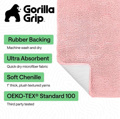 GORILLA GRIP Bath Rug Mat - Thick, Soft Chenille | Quick-Dry Microfiber, 30x20, Light Pink