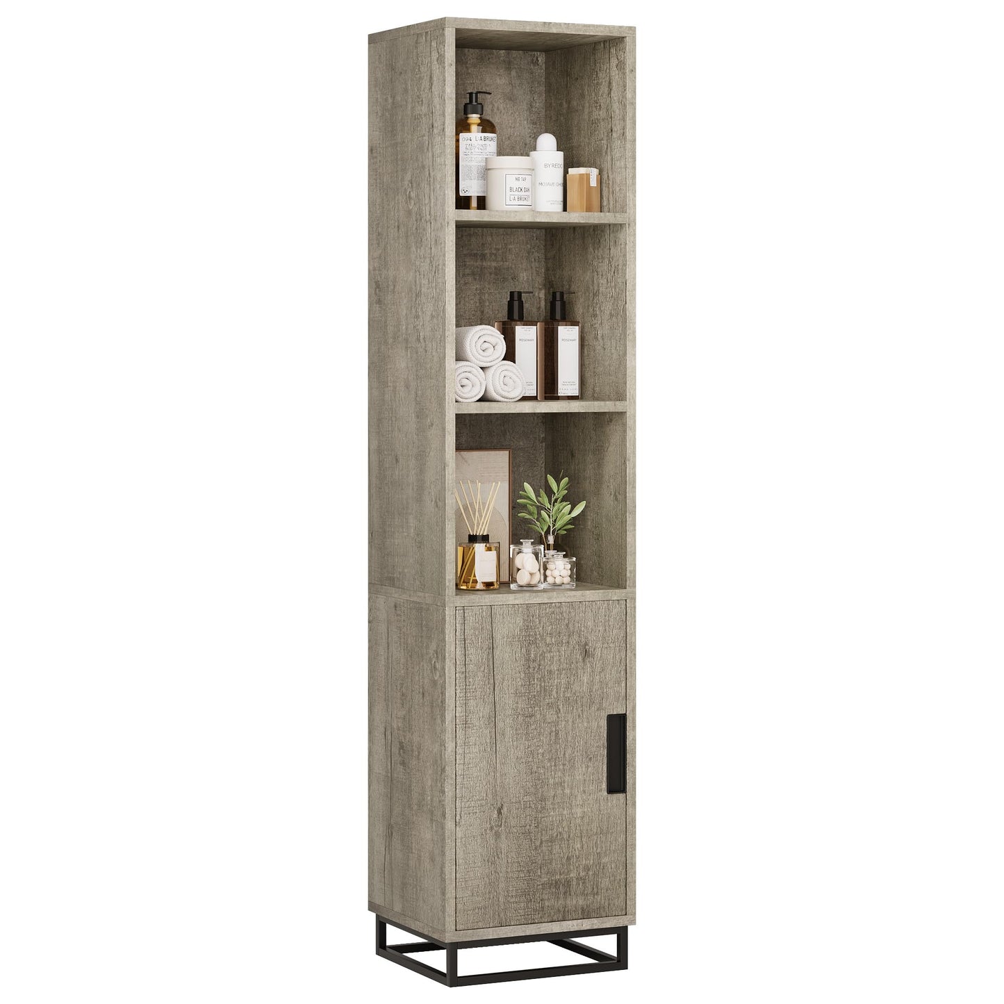 GarveeHome Narrow Bathroom Cabinet, 70" Tall Storage Cabinet with Metal Frame Base and Adjustable Shelf, Open Storage Freestanding for Laundry Room, Living Room, Small Space, Grey