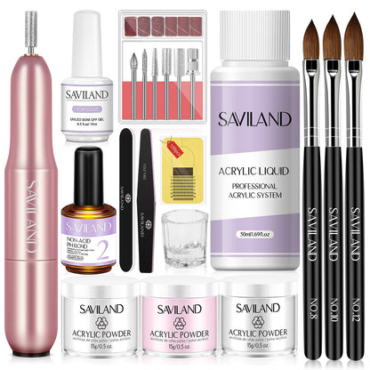 SAVILAND Essentials Acrylic Nail Kit Starter: Acrylic Nail Kit for Beginners with Everything White Pink Clear Acrylic Powder and Liquid Set #8/10/14 Nail Brush Forms Manicure Tools Home Nail Salon DIY