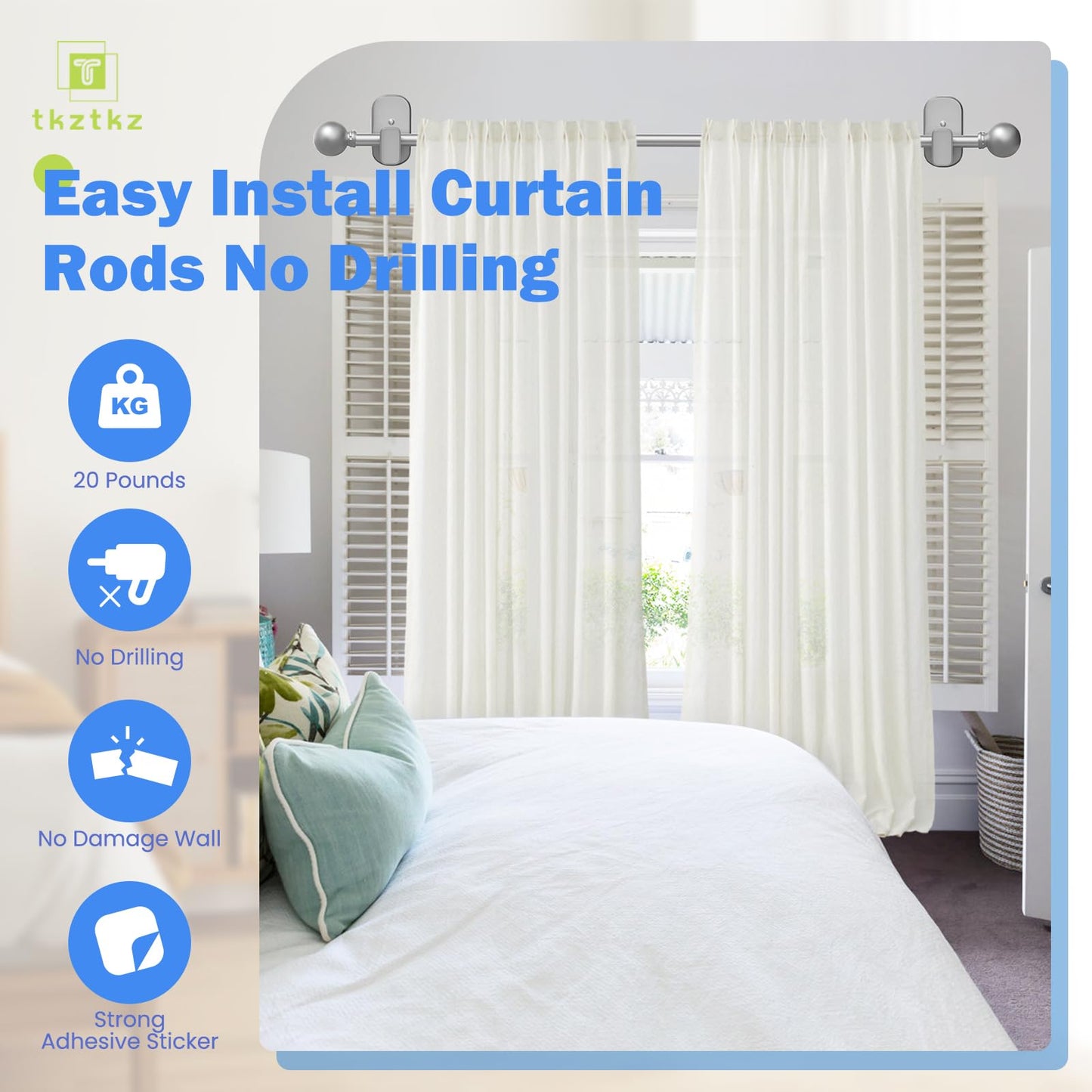 Curtain Rods No Drilling for Windows 32 to 45 Inch:No Drill Small Silver Curtain Rod with Adhesive Brackets for Bedroom,5/8" Apartment Renter Friendly Adjustable Drapery Rods Easy Install