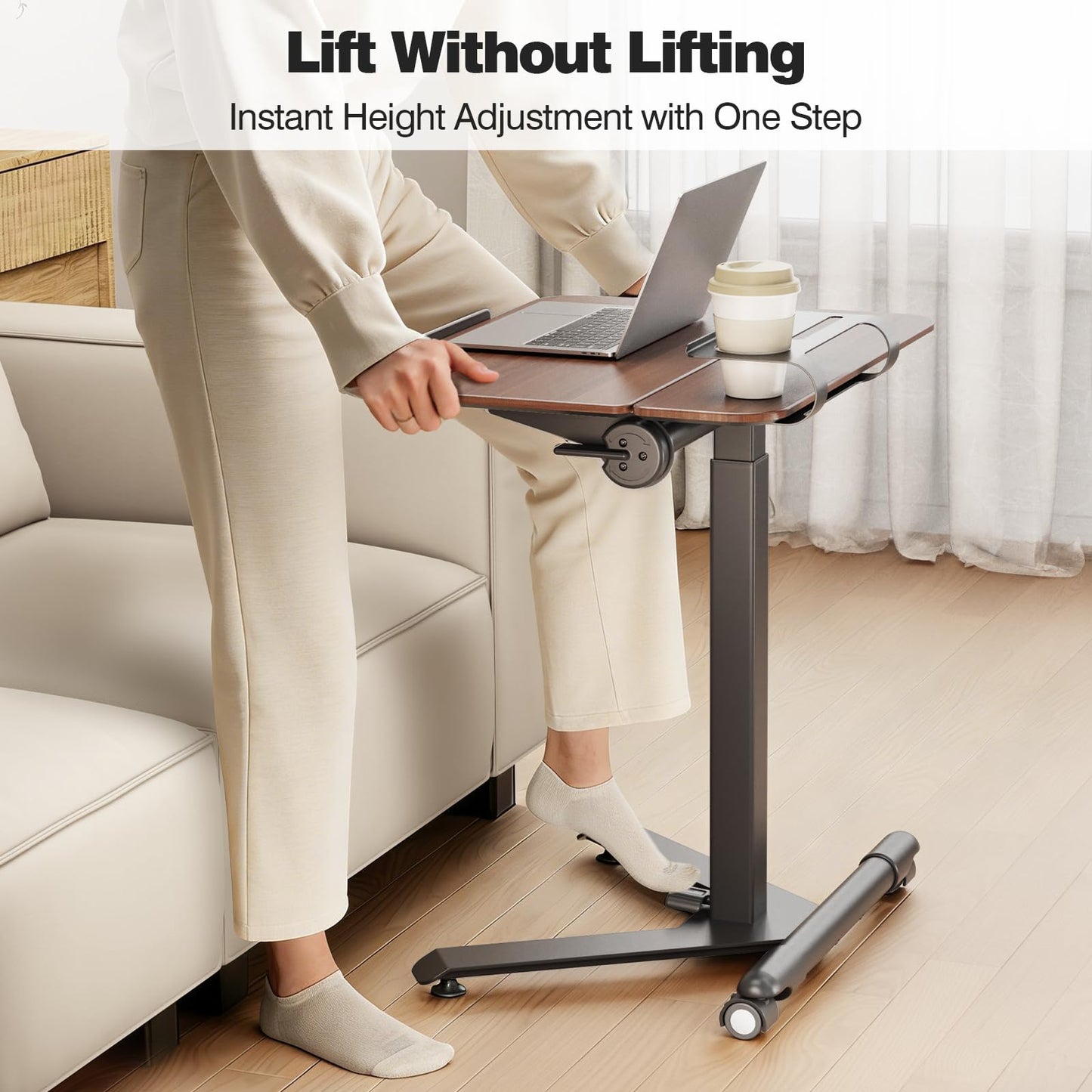 ROMOON Rolling Standing Desk with Wheels, Portable 24 inch Sit-Stand Laptop Cart with Tilt Top and Storage, Mobile Compact Workstation for Home Office and Small Spaces (Walnut)