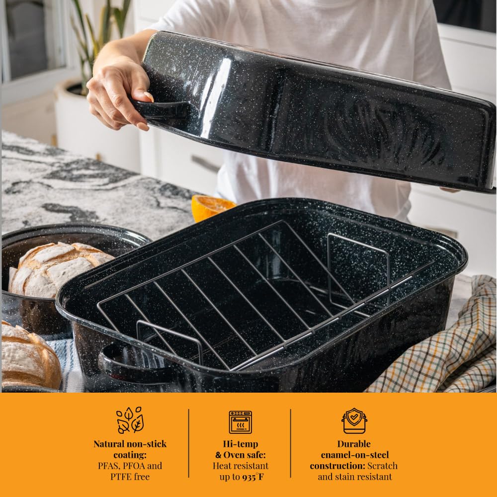 Granite Ware 25 lb Rectangular Roaster Set (10pcs), includes Lid, V-Rack, 2 pack brining bags, oven/grill-safe meat Thermometer, Turkey Baster with sylicon bulb, small brush