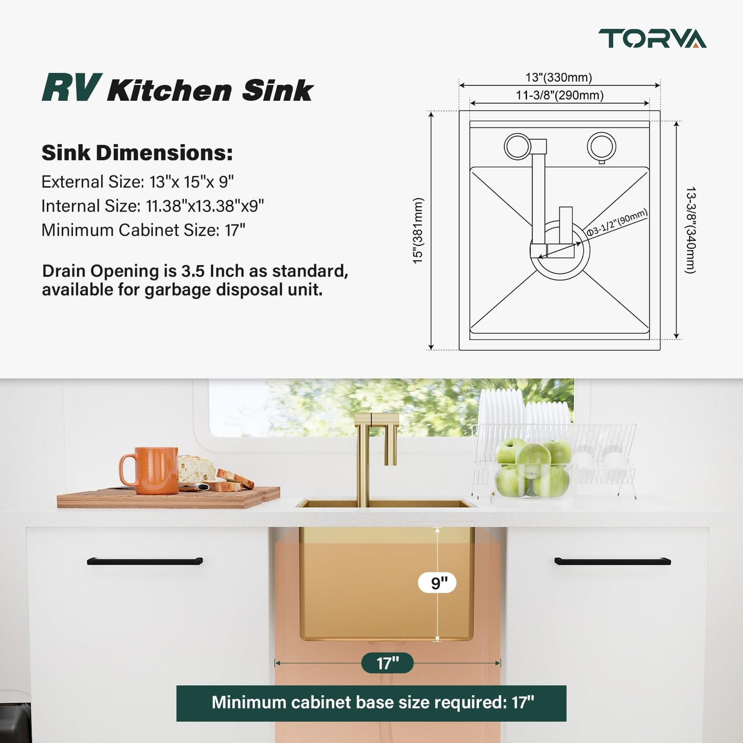 TORVA Gold RV Sink, 13x15x9 Inch Nano Stainless Steel Single Bowl Sink, Compact Undermount RV Kitchen Sink, 16 Gauge T304 Steel, Easy to Clean & Anti-Scratch Design for Camper and Trailer