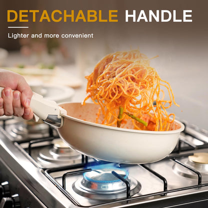 Astercook 23 Pcs Pots and Pans Set Non Stick, Ceramic Cookware Set Detachable Handle, RV Kitchen Cooking Set Removable Handles, Oven Safe, Induction Ready, Stackable, Cream, Fathers Day Gift for Men
