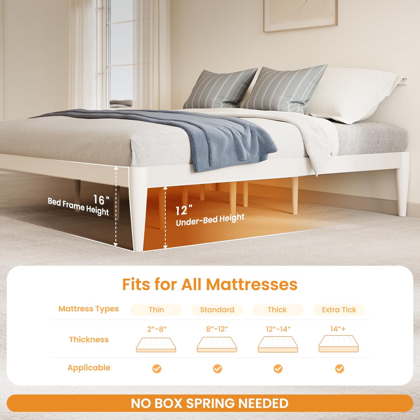 IOTXY Queen Platform Bed Frame - Solid Wood 16-Inch Height Mattress Foundation Base with Densely Slats and Heavy-Duty Support Legs, No Box Spring Needed, White
