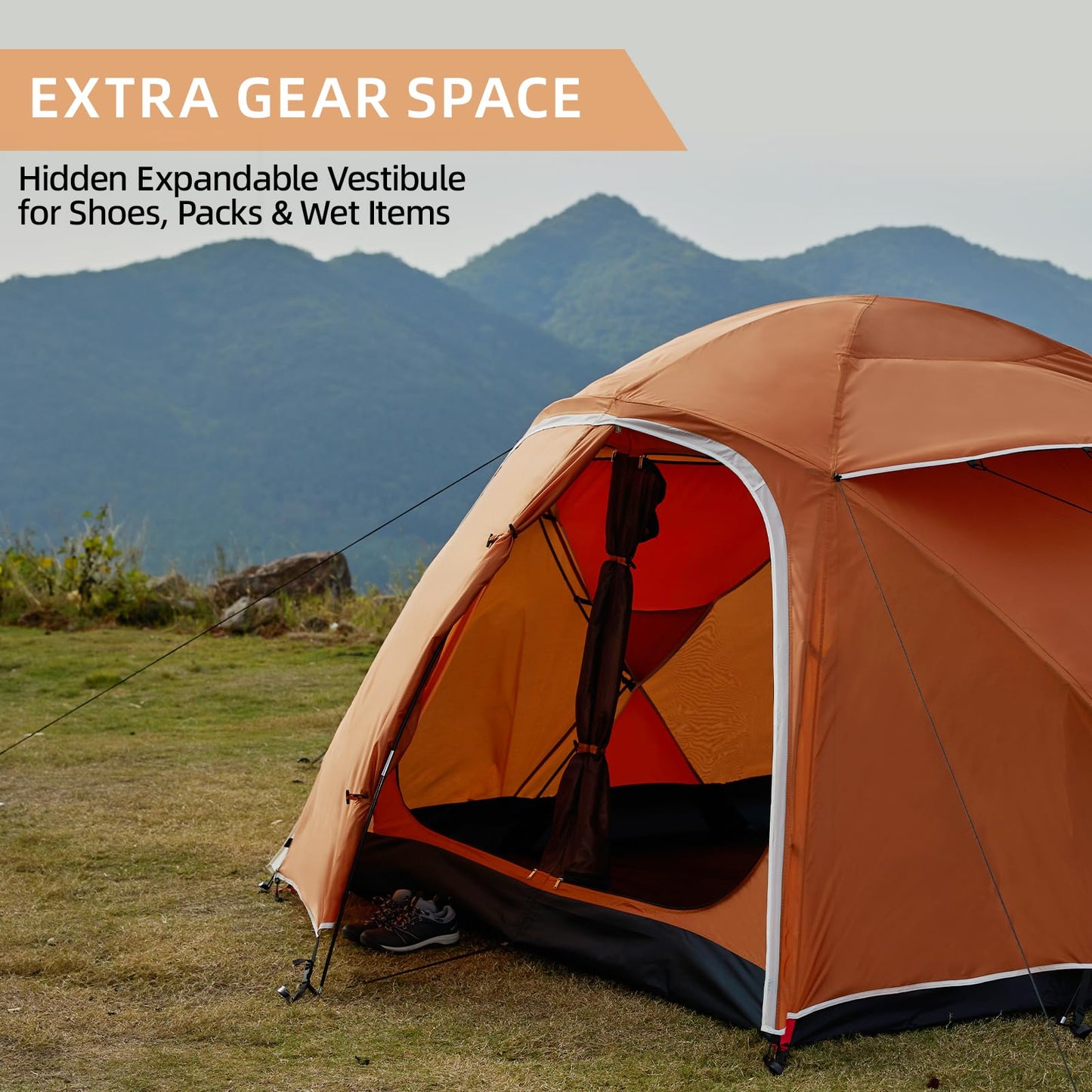 EchoSmile 3-5 Person Family Camping Tent, Waterproof Windproof Heavy Duty Dome Shelter, Easy Setup Multi-Pole Cabana with Extra Storage Room for Wet Bags & Shoes, Outdoor Hiking Travel - Orange