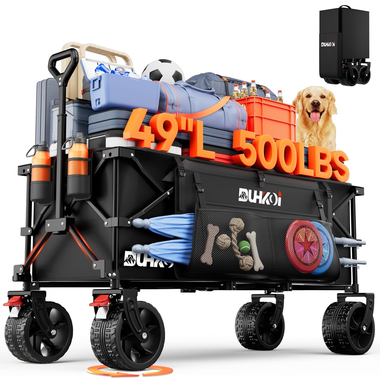 49" L Collapsible Extended Wagon with 500lbs Weight Capacity,300L Heavy Duty Sports Wagon,Big All-Terrian Wheels with Cup Holders,Cart for Sports,Grocery,Shopping