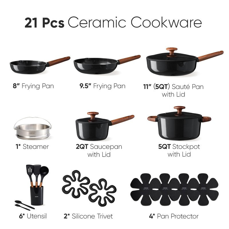 CAROTE 21pcs Cookware Set Nonstick Pots and Pans Set, Ceramic Cookware Set Induction Cookware, Non toxic Healthy Non Stick Kitchen Cooking Set, PFAS PTFE Free, Black
