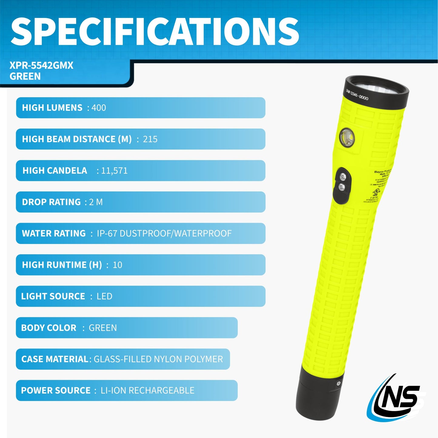 Nightstick XPR-5542GMX Intrinsically Safe Rechargeable Dual-Light Flashlight with Magnet, Green/Black
