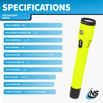 Nightstick XPR-5542GMX Intrinsically Safe Rechargeable Dual-Light Flashlight with Magnet, Green/Black